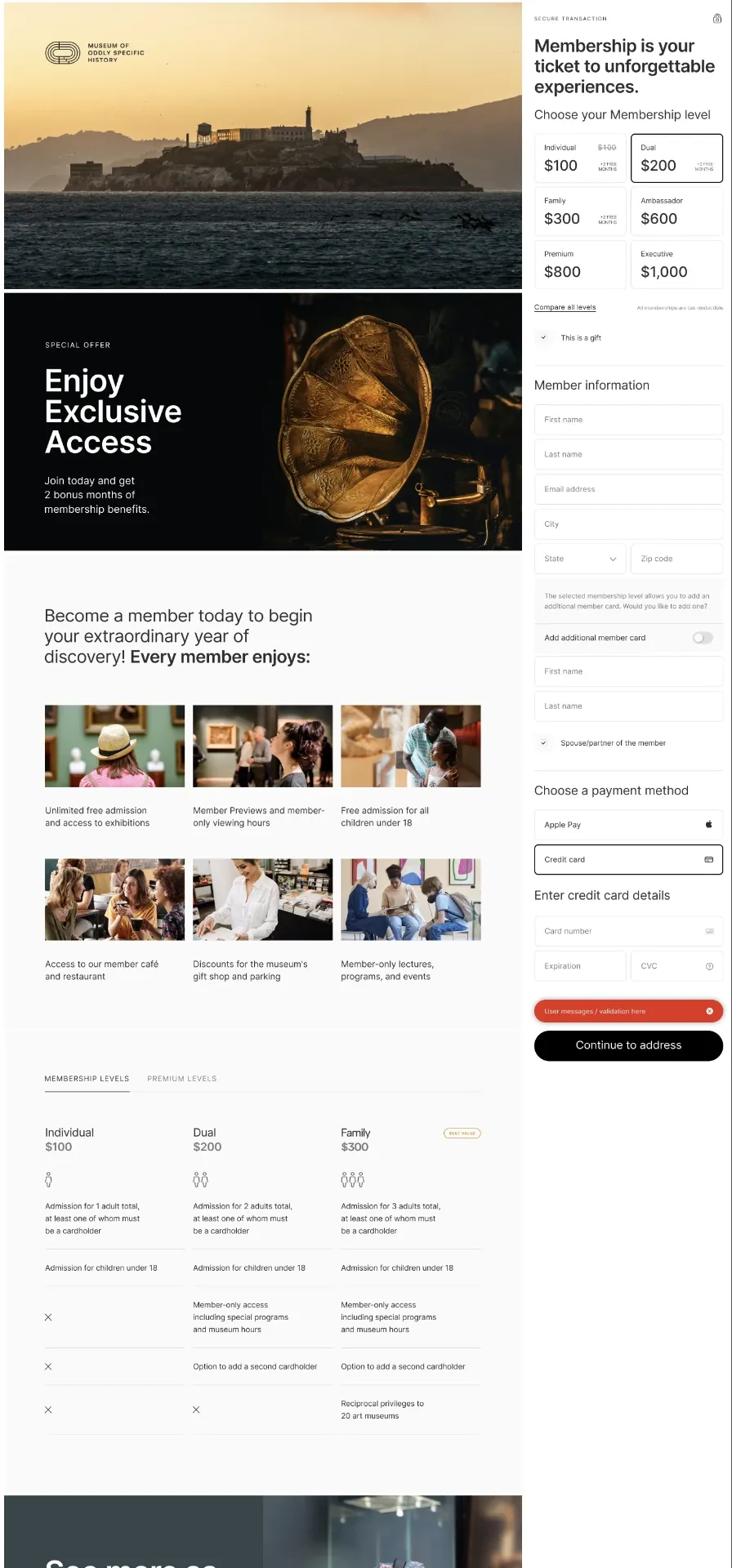Sample Tempo page for a museum, with campaign imagery and a membership checkout